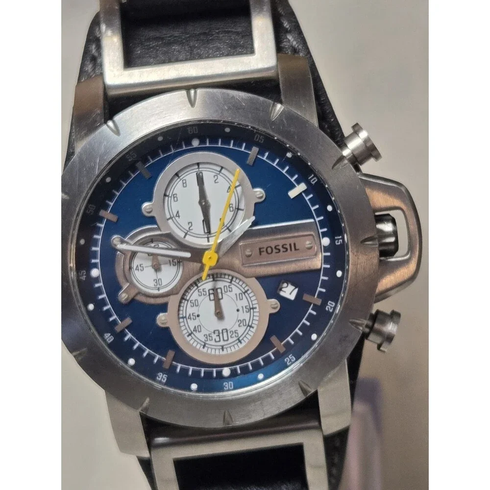 Fossil Blue Dial Chronograph Watch with Black Strap and Yellow Accents